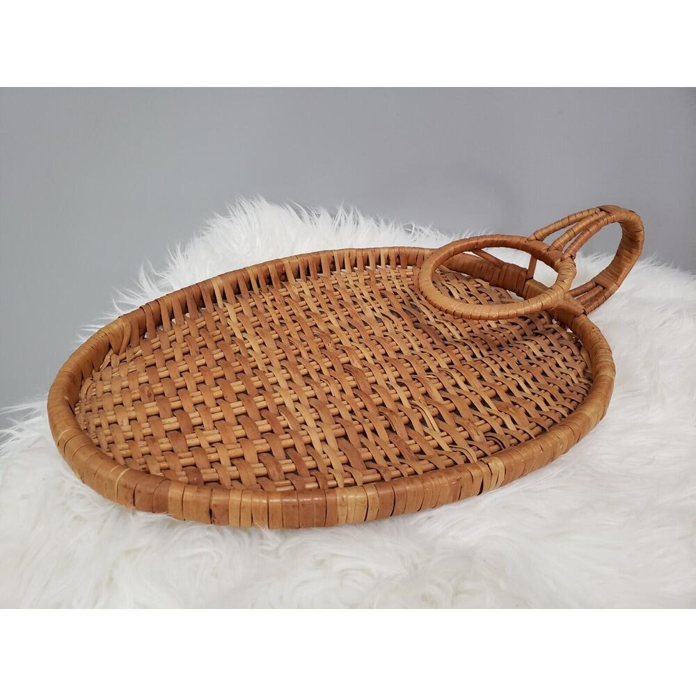 Vintage Oval Wicker Rattan Tray Serving Platter Cup Holder Handle Boho MCM 1970s